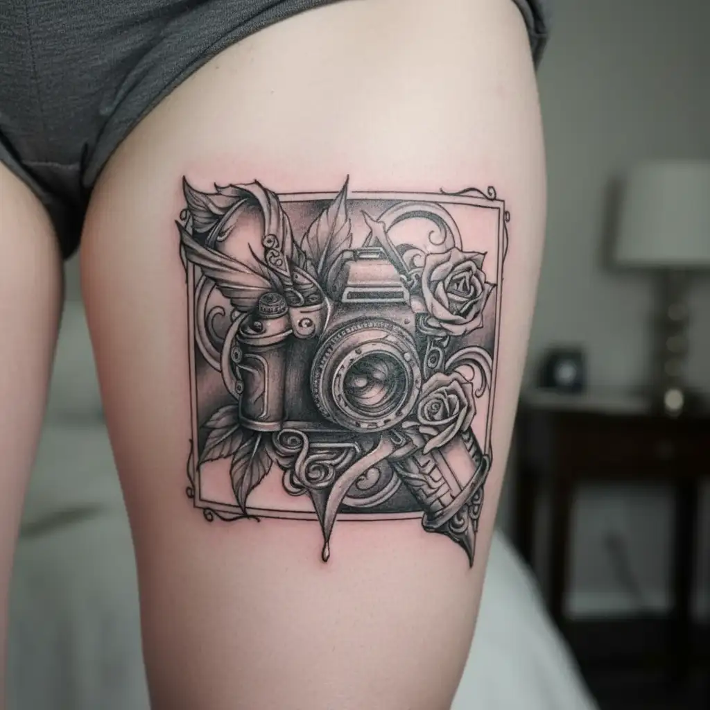 time piece, a pencil, paint brush, camera lens intertwined to a mom and child symbolize recovery  tattoo design idea