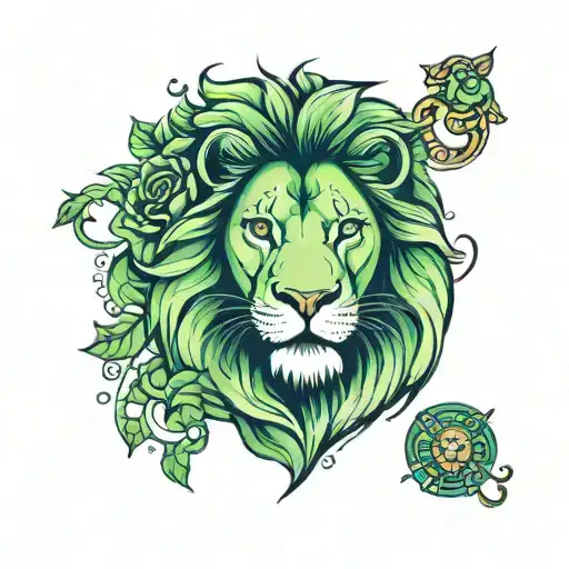 lion with green eyes and the leo constilation in the background  tattoo design idea