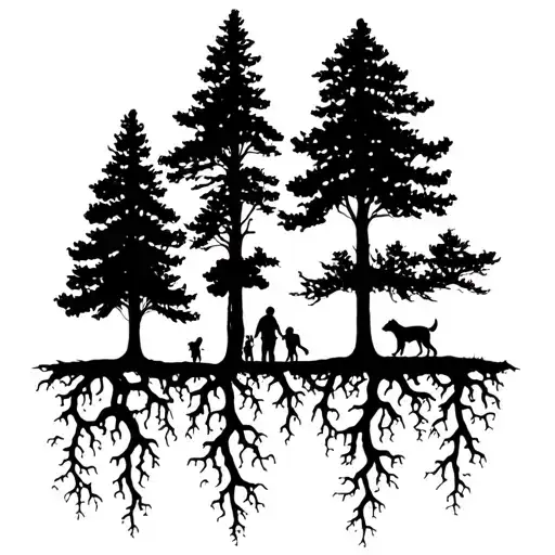 half leg sleeve of silhouettes of trees with roots running down foot and a man his dog and daughter walking through the  tattoo design idea