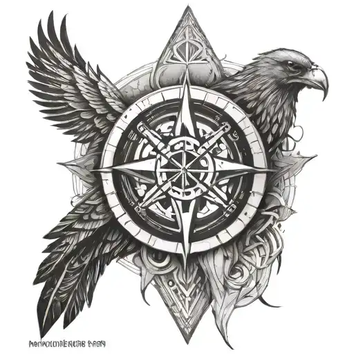 Nordic forearm tattoo. Has gungir, eir symbol, valknut symbol, berserker symbol, vegvisir compass, odins raven tattoo design idea