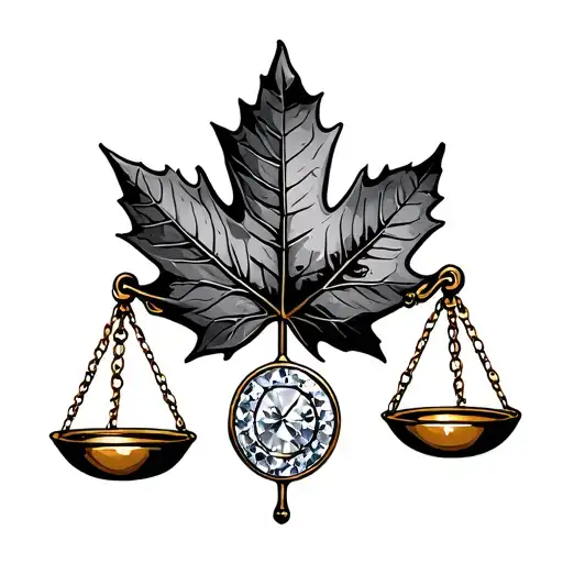 a classic scale with gold and diamonds on one side and one single maple leaf on the other side that weighs more  tattoo design idea