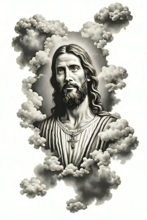 face of jesus surrounded by clouds tattoo design idea