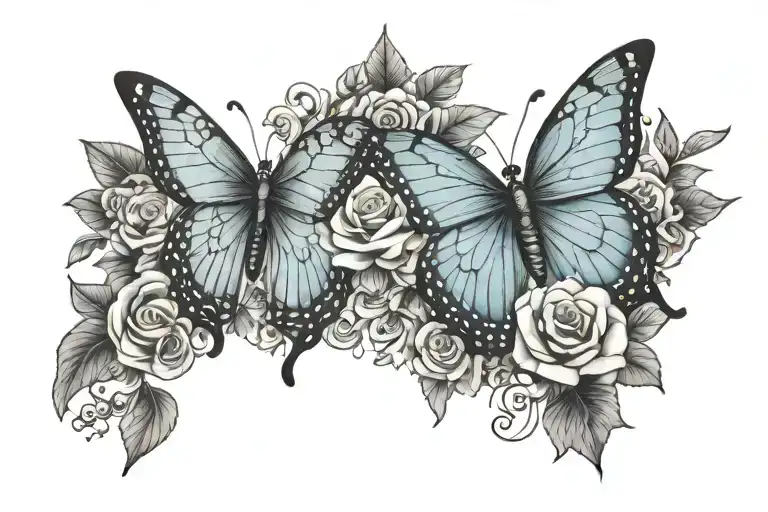 Thigh garter band incorperting blue butterfly, a cresent moon and garnets tattoo design idea