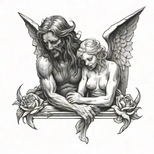 CRYING ANGEL AND DEMON tattoo design idea