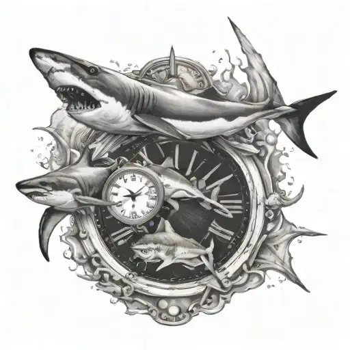 hammer head shark and great white shark swimming around clock tattoo design idea