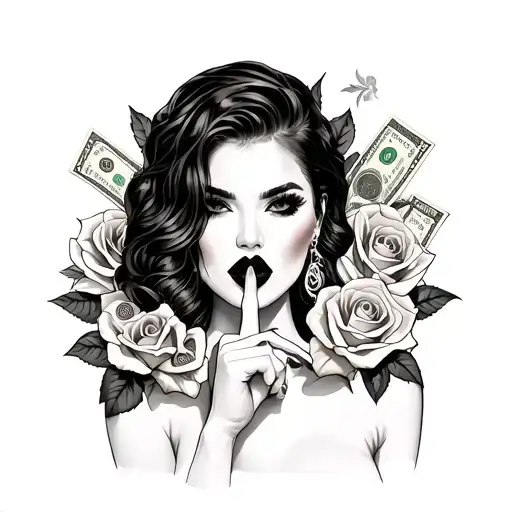 Chichana woman who has her finger on her lips with money and roses around tattoo design idea