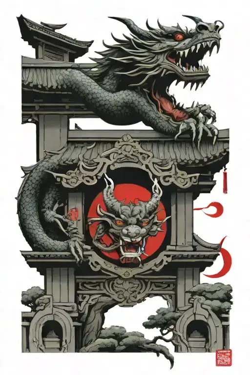 Japanese dragon flying through Japanese Tori gate with the head of the dragon trying to eat an oni mask with a red moon  tattoo design idea