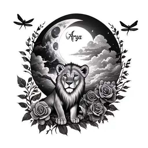 lion, lion cub, new moon, growing tree, roses, clouds, dragon fly, Arya written out in roots tattoo design idea