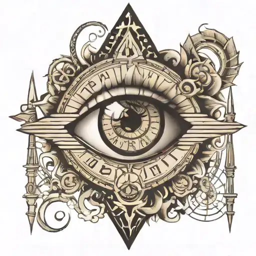 illuminati eye symbol and time piece , 420 and 777 numbers around , sleeve inner wrist  tattoo design idea