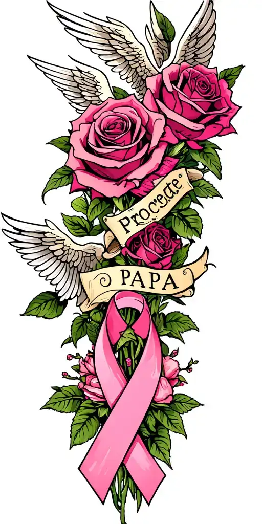 roses with angels and a pink cancer ribbon that says papa tattoo design idea