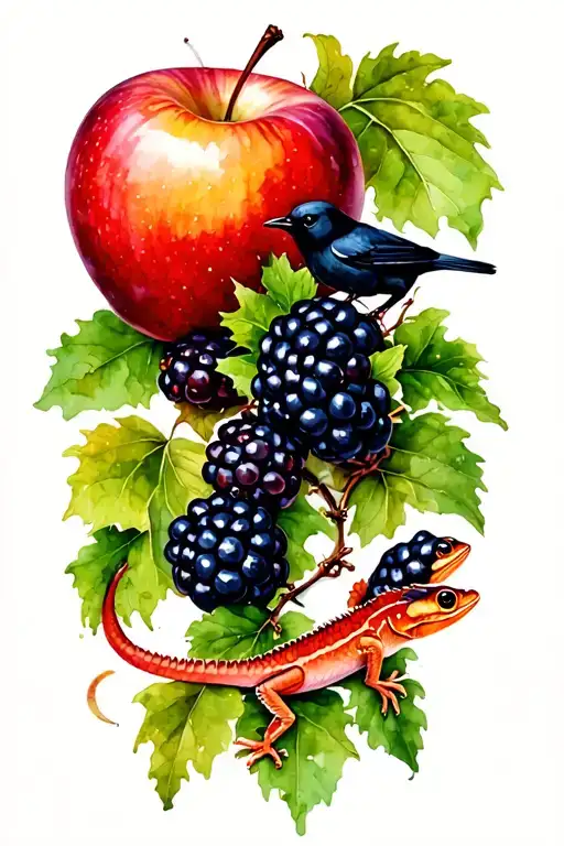 Adam's apple and blackberries intertwined with delicate vine, small gecko and black bird tattoo design idea