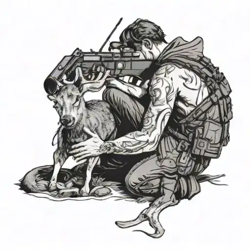 back view of man kneeling being held up by rifle remorseful over dead deer on front of him tattoo design idea