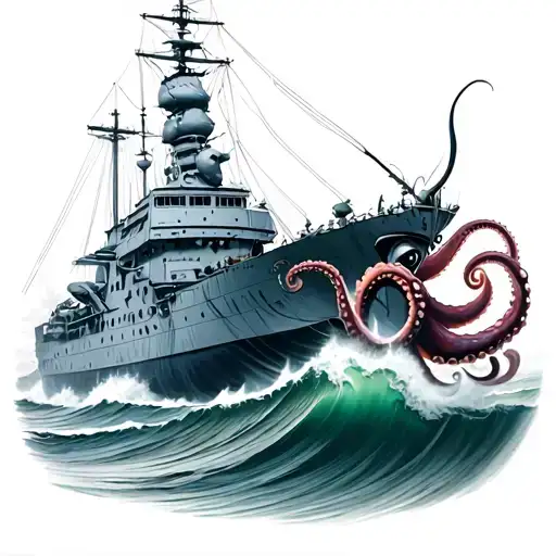 octopus attacking old battleship in big waves crashing tattoo design idea