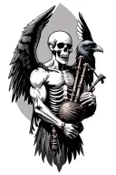 winged muscular skeleton playing bagpipes crows tattoo design idea