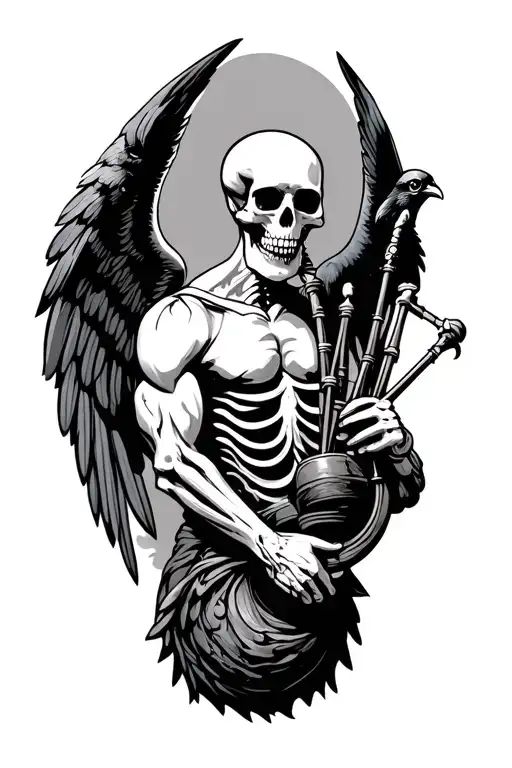 winged muscular skeleton playing bagpipes crows tattoo design idea