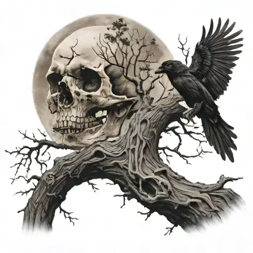 skull, crow, dead tree, moon. tattoo design idea