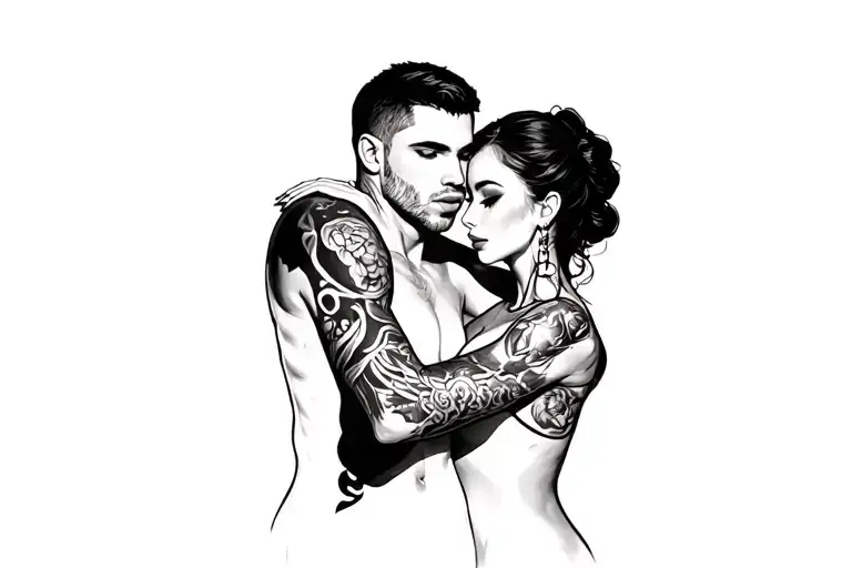 lovers Chad biting Nicole's neck with Nicole tattood on him portrait syle tattoo design idea