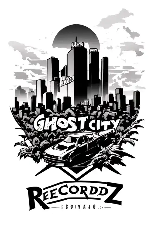 Ghost City Recordz logo, rap music, Los Angeles skyline with Hollywood sign tattoo design idea