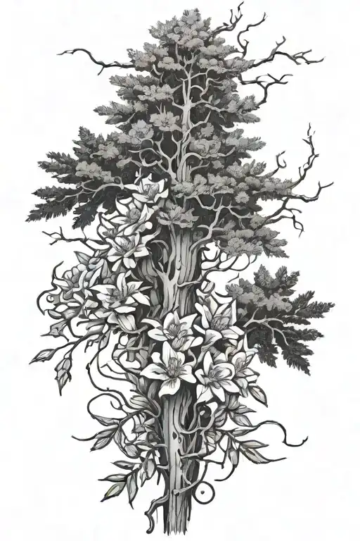 redwood and flowers growing dim Illuminated tattoo design idea