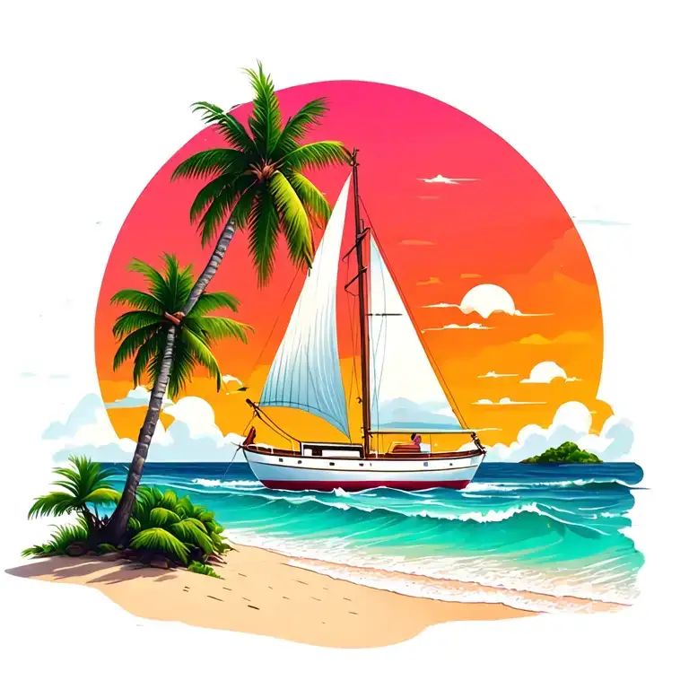 "Monica"  "Monica" foreground white sailboat, sunrise sky small background distant island 2 palm tree  ocean vibrant beach tattoo design idea
