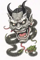 Hannya Mask biting a snake tattoo design idea