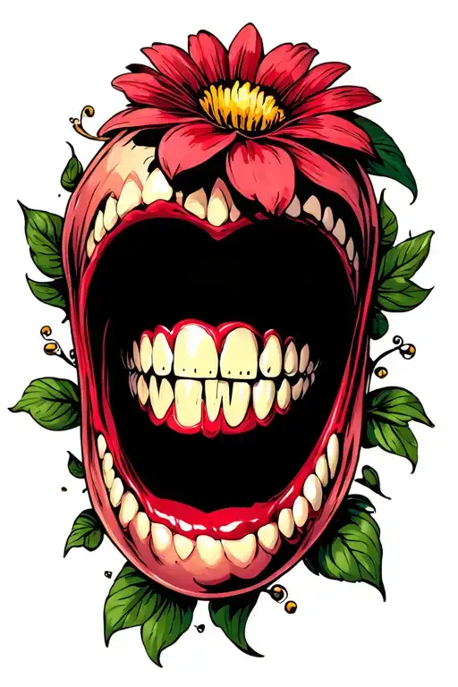vampire teeth with flower tattoo design idea