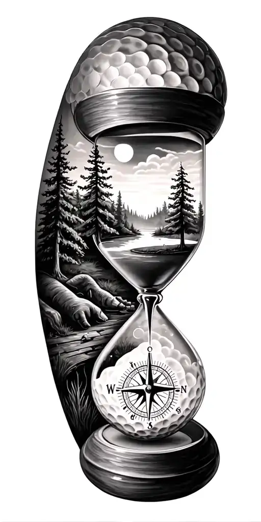 family and forest and hour glass and compass golf course golf ball tattoo design idea