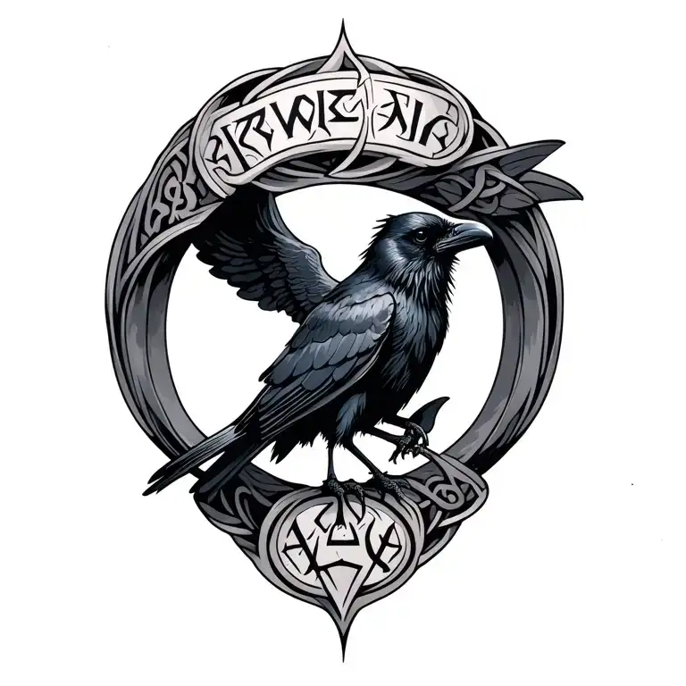 runic rings with space for names with a raven perched tattoo design idea