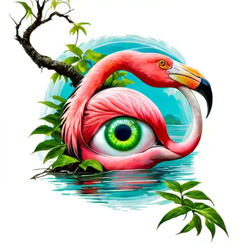 arm sleeve with mangrove tree, pink flamingo, and green eyeball in bend of arm  tattoo design idea