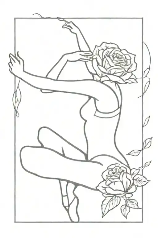 a ballet dancer on her point with roses and a haert shaped necklace hanging on them tattoo design idea