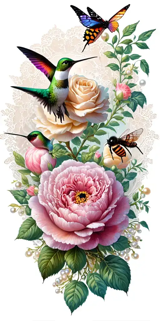 peonies, roses, lace, pearls, butterflies, bees, hummingbird tattoo design idea