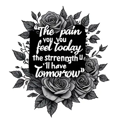 Quote for forearm“The pain you feel today is the strength you’ll have tomorrow” wrapped in bar wire and roses tattoo design idea