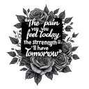 Quote for forearm“The pain you feel today is the strength you’ll have tomorrow” wrapped in bar wire and roses tattoo design idea