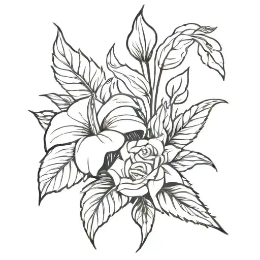 peace lily and rose bouquet tied tattoo design idea