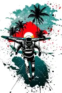 Skydiver jumping out of aircraft over the coast, seaside, palms, sunset sky, clouds tattoo design idea