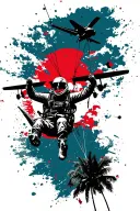 Skydiver jumping out of aircraft over the coast, seaside, palms, sunset sky, clouds tattoo design idea