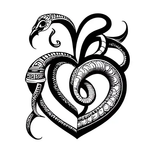 Delicate micro tattoo of a stylized Aztec heart with a snake, black ink, fine line technique, minimalist design tattoo design idea