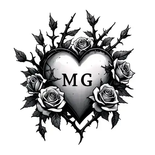 "M G" "M G" heart surrounded by thorns and roses intertwined tattoo design idea