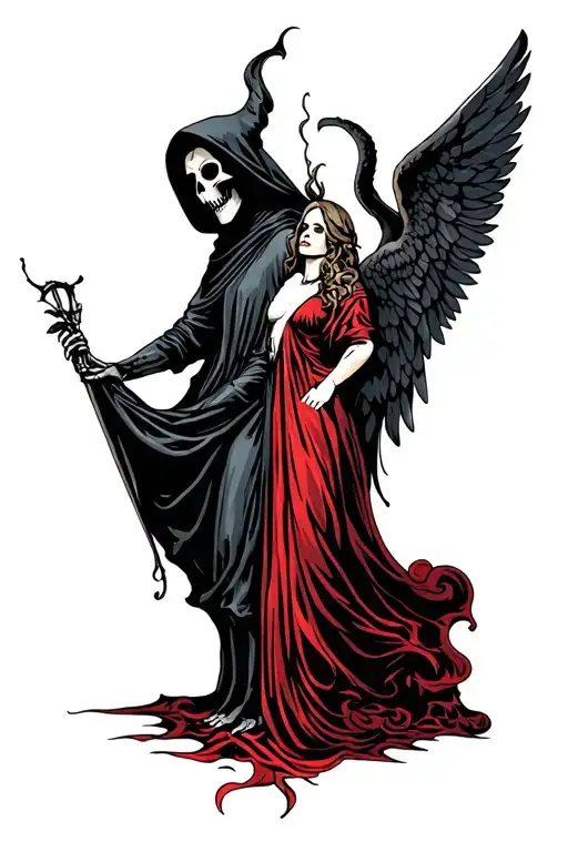 grim reaper and angel split down middle tattoo design idea