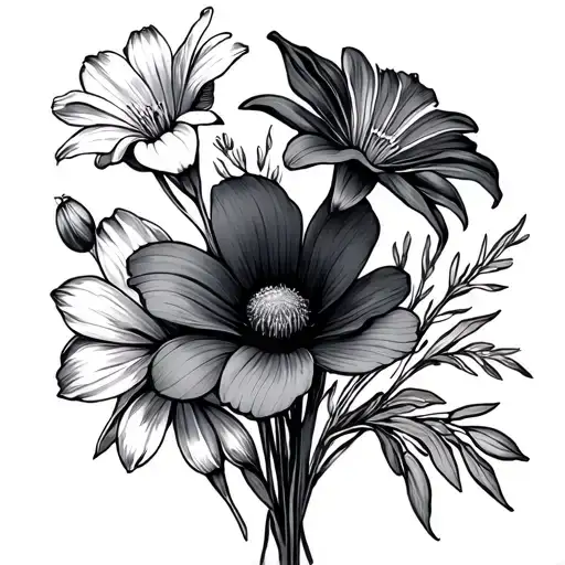 flower bouquet fine line with 2 cosmos, 2 lily of the valleys, 2 narcissus and a violet tattoo design idea