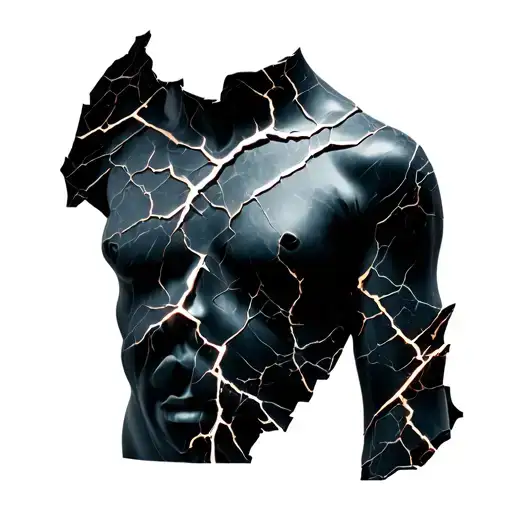 A fractured marble statue fragment (torso or face silhouette).Cracks glowing slightly or intersected with clean geomet tattoo design idea