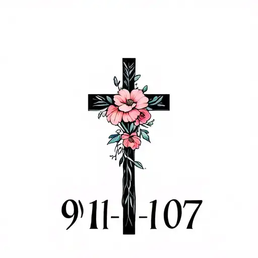 cross with the date 9/11/07 with flowers intertwined more feminine tattoo design idea