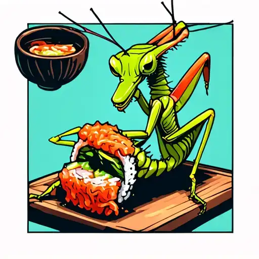 praying mantis eating sushi roll tattoo design idea