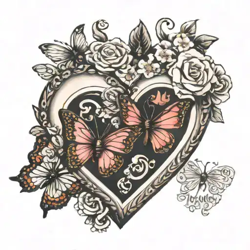 heart shaped locket with butterflies and flowers with a quote about family  tattoo design idea
