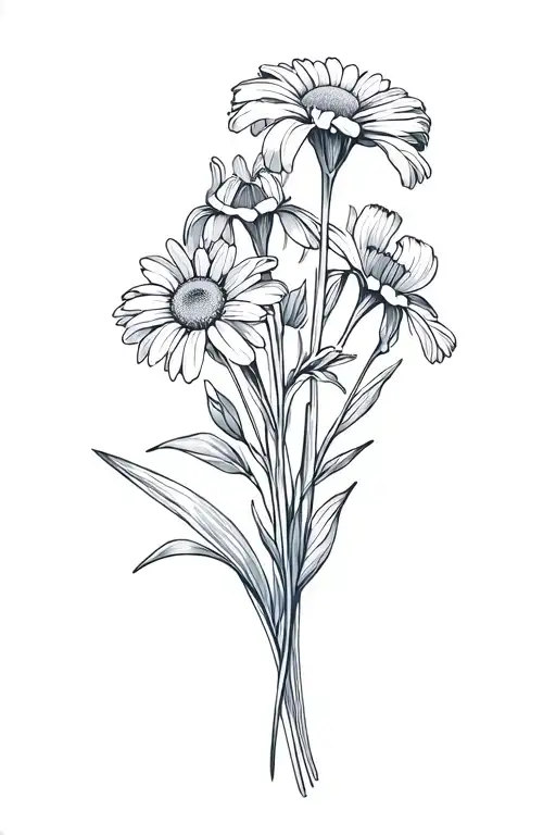 boquet with aster and iris and daisy flower blooming tattoo design idea