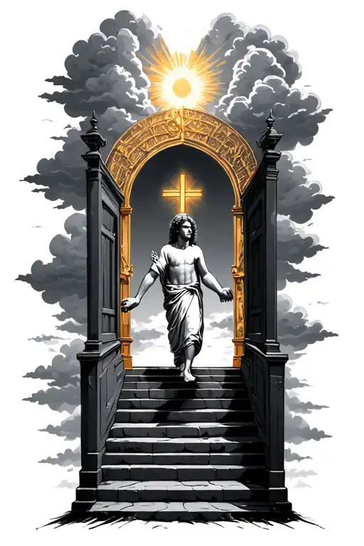 a little white kid holding jesus hand walking up the stairway to heaven with the golden gates of heave open with clouds tattoo design idea