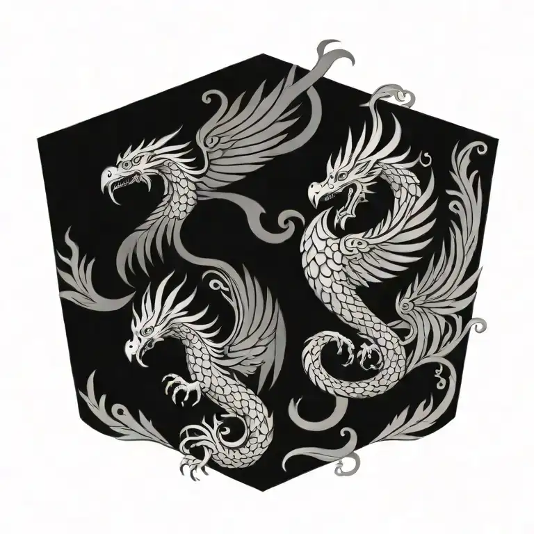 A dragon and phoenix in a family crest design, symbolizing strength and resilience tattoo design idea