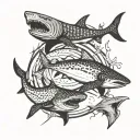 whale shark, lemon shark, great white shark, and tiger shark silhouettes in a circle with vampire fangs at the top tattoo design idea