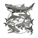 whale shark, lemon shark, great white shark, and tiger shark silhouettes in a circle with vampire fangs at the top tattoo design idea