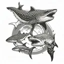 whale shark, lemon shark, great white shark, and tiger shark silhouettes in a circle with vampire fangs at the top tattoo design idea